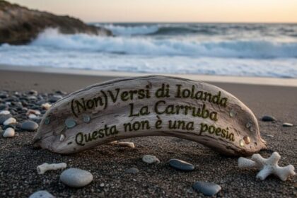 Un pezzo di legno levigato con la scritta incisa "Non Versi di Iolanda La Carruba - Questa non è una poesia" poggia sulla sabbia di una spiaggia con il mare sullo sfondo.