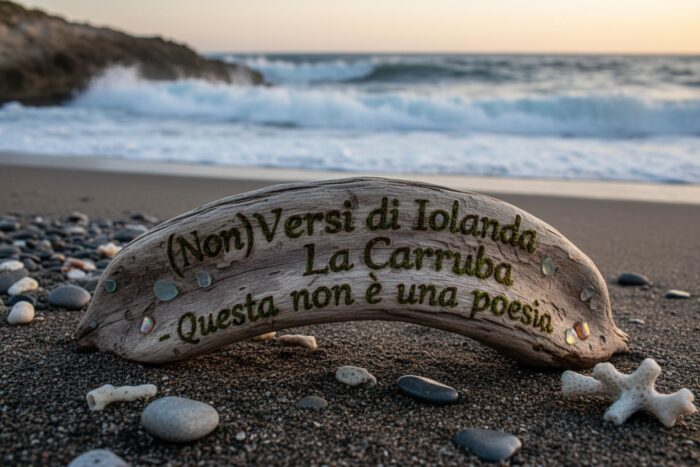Un pezzo di legno levigato con la scritta incisa "Non Versi di Iolanda La Carruba - Questa non è una poesia" poggia sulla sabbia di una spiaggia con il mare sullo sfondo.