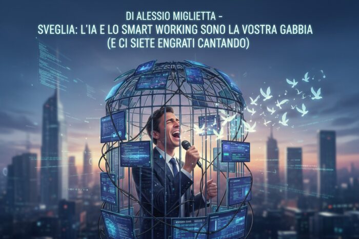 Un uomo in abito elegante canta in una gabbia di schermi digitali che si apre verso lo skyline di una città.
