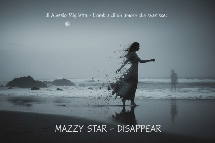 Un'immagine in bianco e nero mostra una spiaggia deserta al chiaro di luna con una donna che si dissolve in particelle, mentre un uomo cammina sullo sfondo.