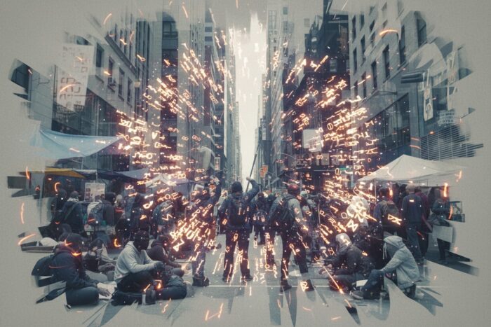 Una folla di persone in una strada tra edifici alti, con un'esplosione digitale di particelle luminose e codici che si diffonde dal centro.