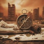 Una bussola danneggiata, un telescopio e un giornale posizionati su una mappa del mondo tra le rovine di una città desolata.