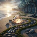 Un sentiero di pietra e muschio serpeggia lungo una spiaggia sabbiosa, passando accanto a una sfera di vetro luminosa che racchiude figure stilizzate al tramonto.