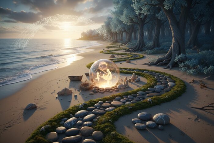 Un sentiero di pietra e muschio serpeggia lungo una spiaggia sabbiosa, passando accanto a una sfera di vetro luminosa che racchiude figure stilizzate al tramonto.